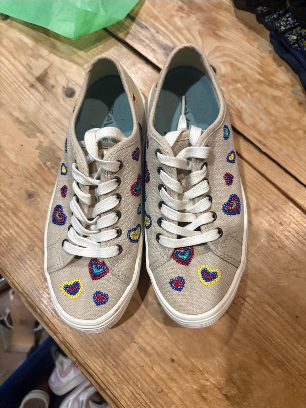 SeaVees Beige Canvas Sneakers with Multicolor Heart Embroidery